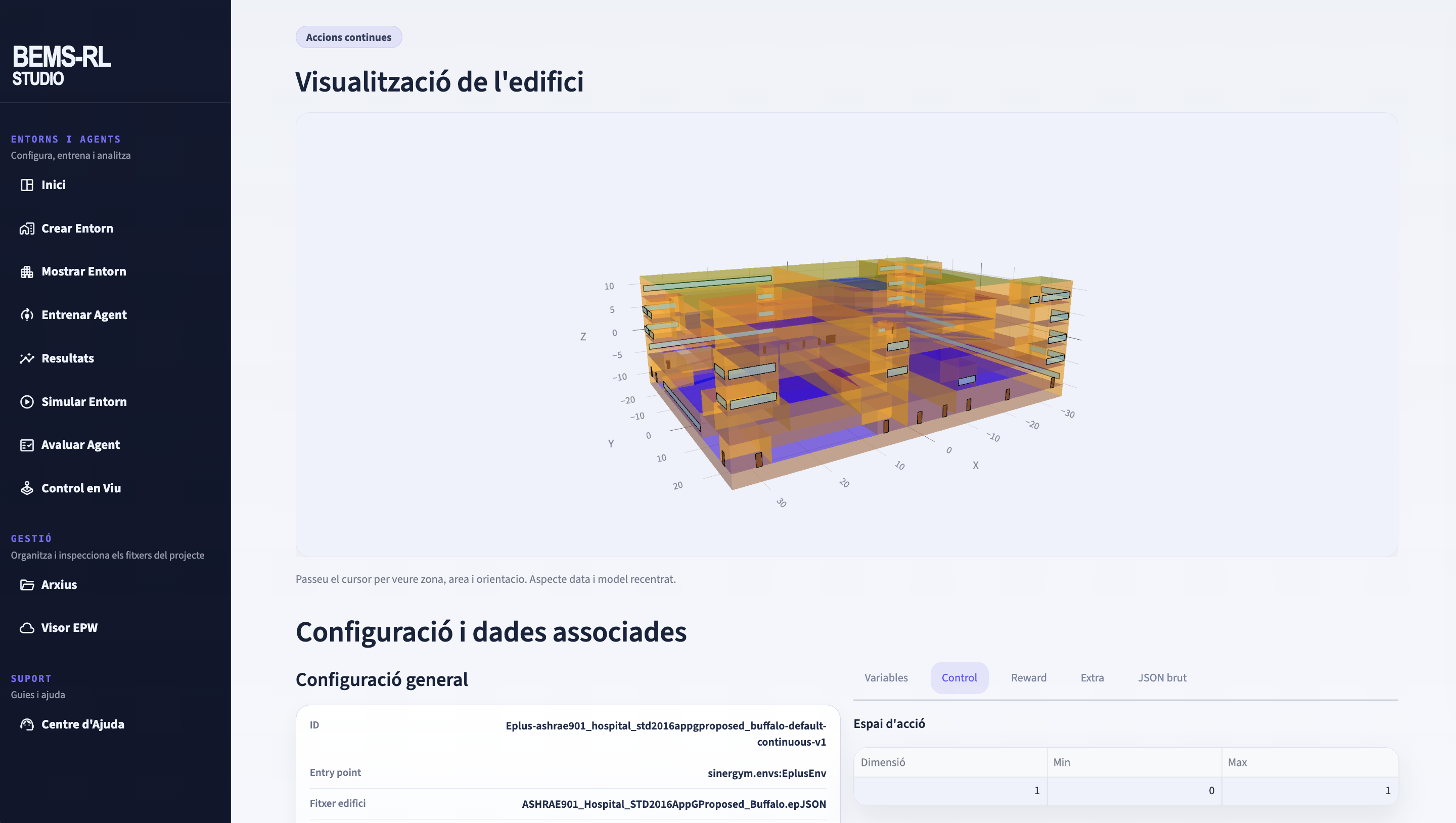 Interfície de BEMS-RL Studio amb visor 3D d'un edifici i configuració associada